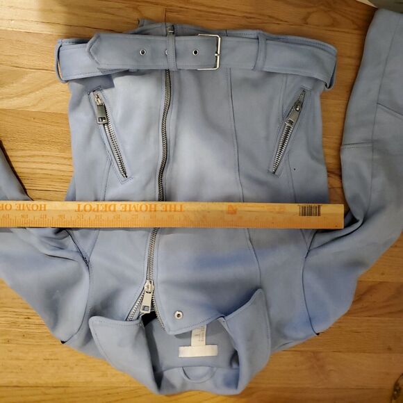 H&M Light Blue Faux Suede Zip Up Motorcycle Jacket Size 6 - Picture 3 of 5